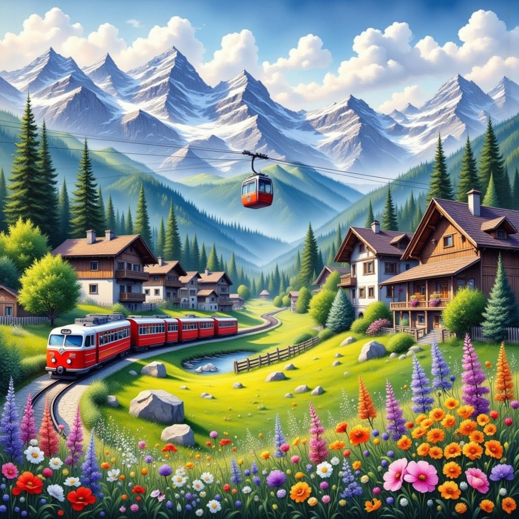 Swiss Alps Spring Panorama with Train and Cable Car
