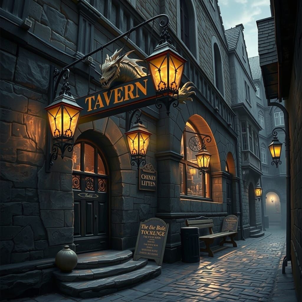 Medieval Alleyway with Dragon Tavern Sign in Gothic Fantasy ...