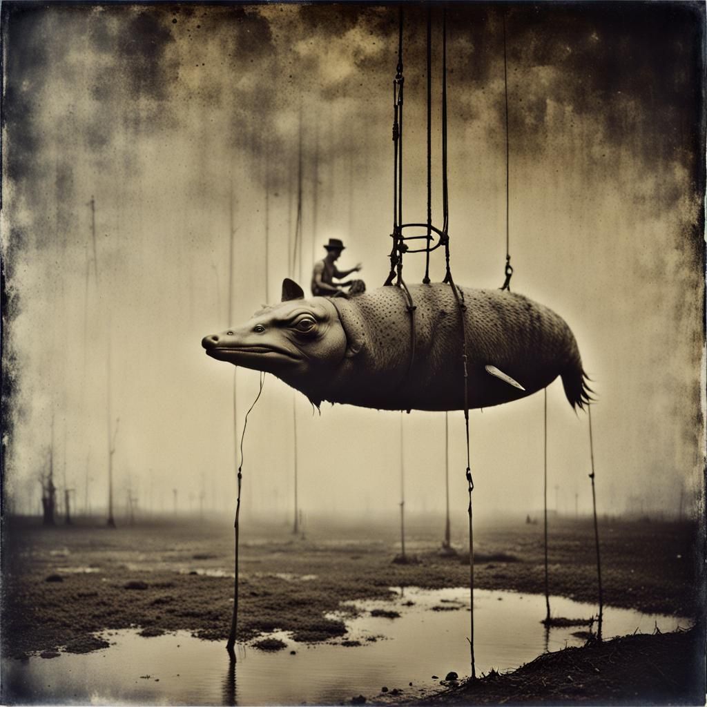 Surreal Crocodile Hunt in Vintage Polaroid Style