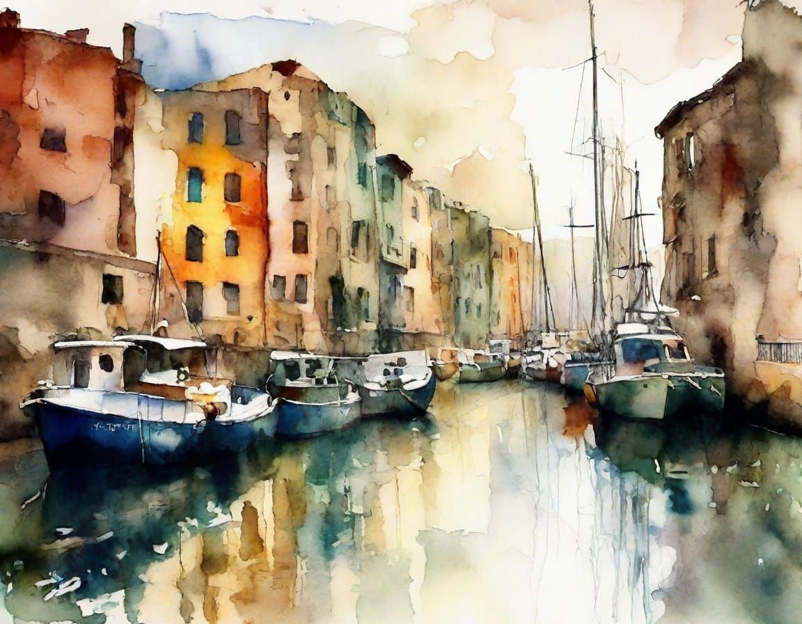 Surreal Grungy Harbour in Watercolor Style
