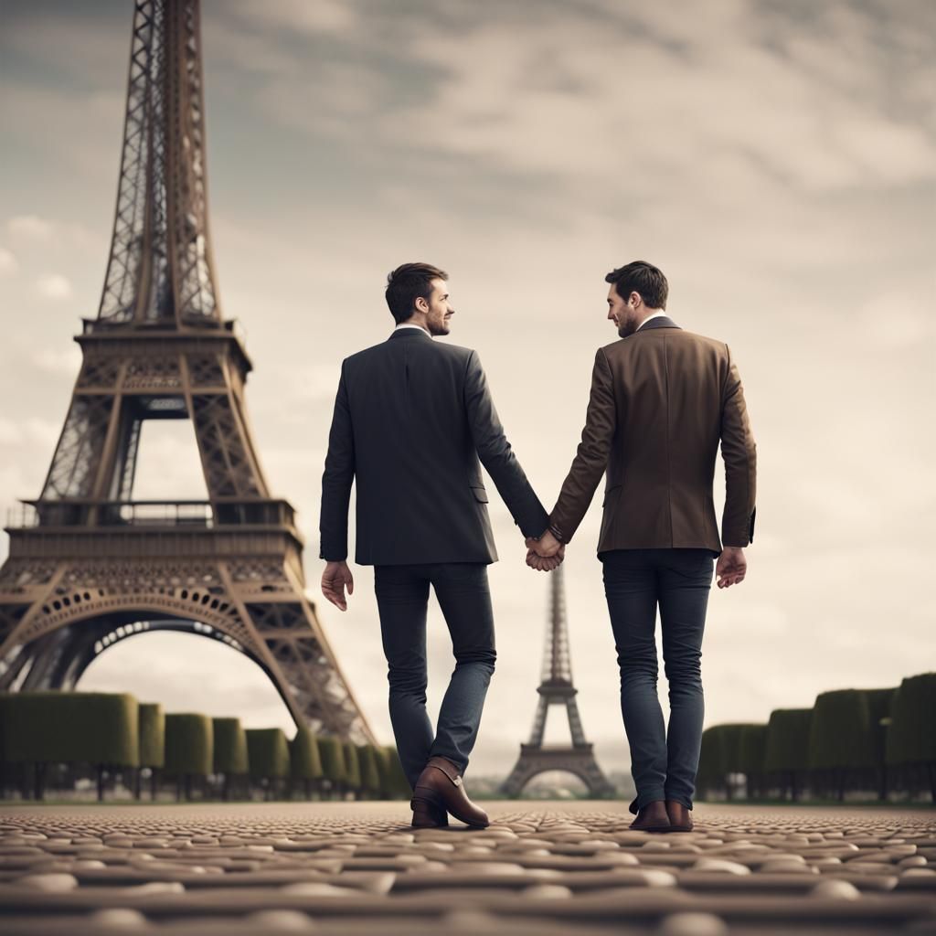 Men Holding Hands in Front of Eiffel Tower