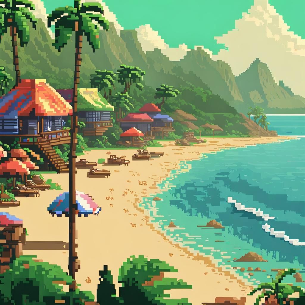 Hawaiian Beach Paradise in Retro Pixel Art