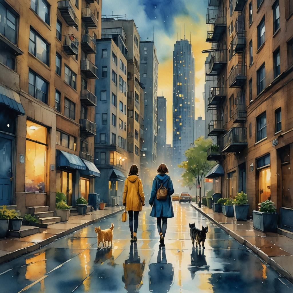 Watercolor Cityscape at Dusk in Digital Painting