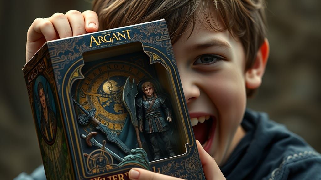 Boy's Thrilled Face Against Aragorn Action Figure Box in Fan...