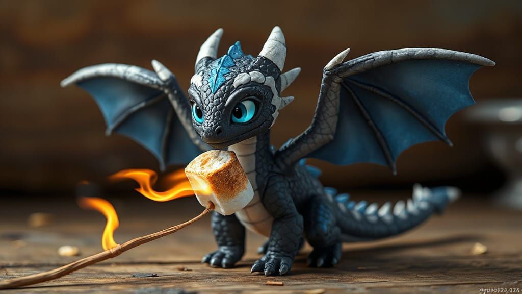 Stylized Dragon Toasting Marshmallow in Animation Style