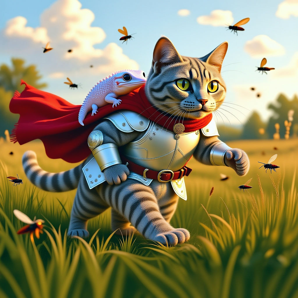 Armored Tabby Cat and Gecko Charge
