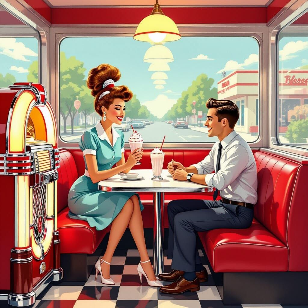 1950s Diner Scene in Vintage Advertising Art Style