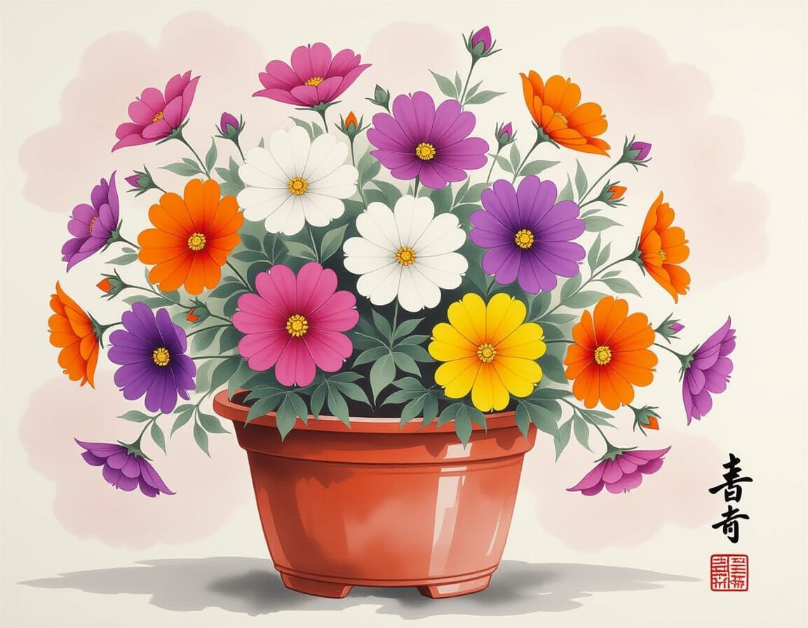 Cosmos Flower in Red Pot: Chinese Ink Painting