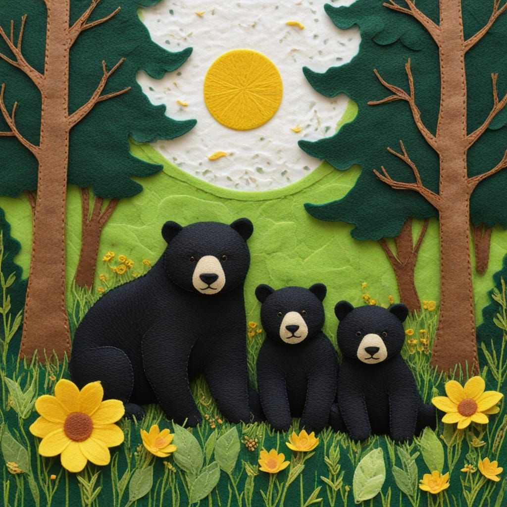 Black Bears Picnic in Forest Clearing Felt Art