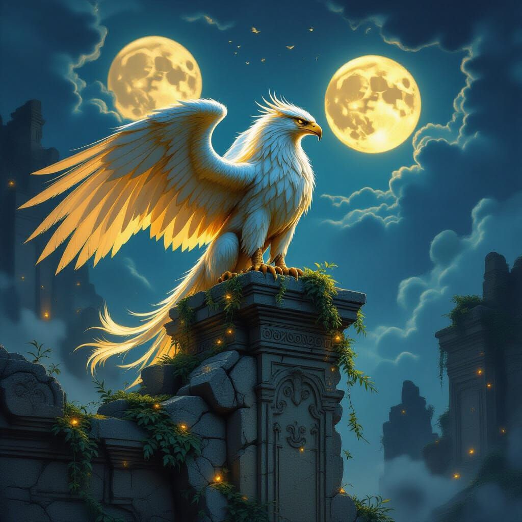 Majestic Griffin on Ancient Ruins Under Twin Moons