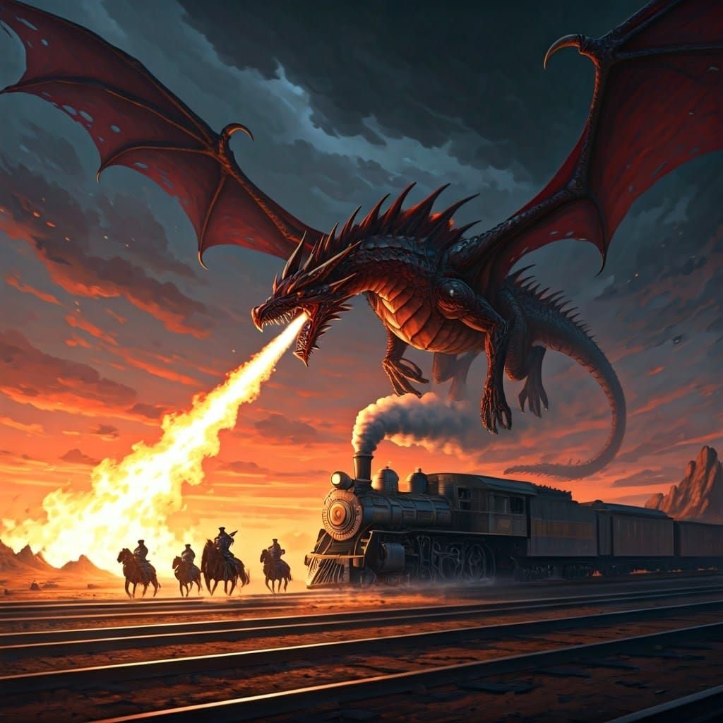 Majestic Steampunk Dragon Unleashes Inferno on Cowboys