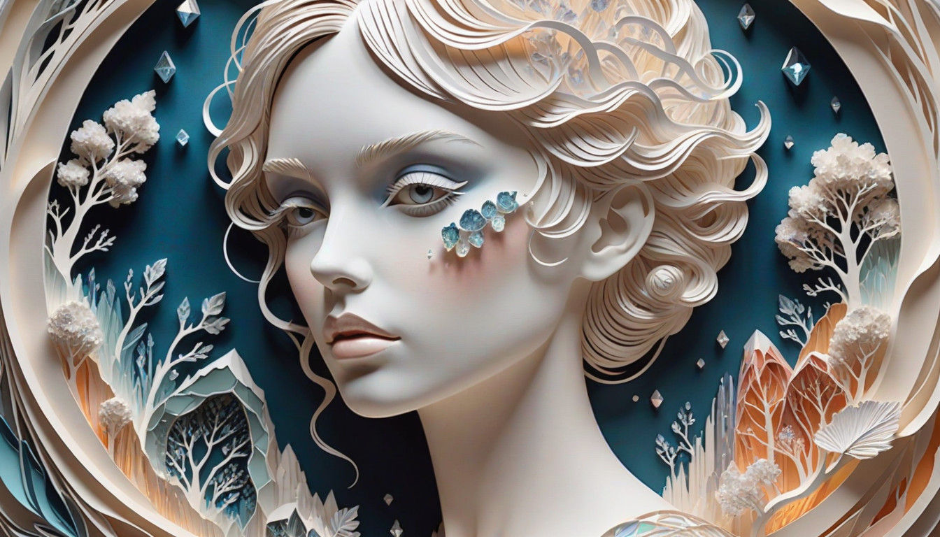 Ethereal Paper Cutout Goddess in a Geode World