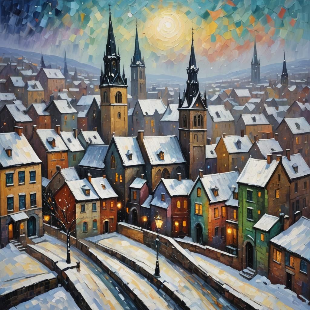 Snowy Gothic City in Neo-Impressionist Style