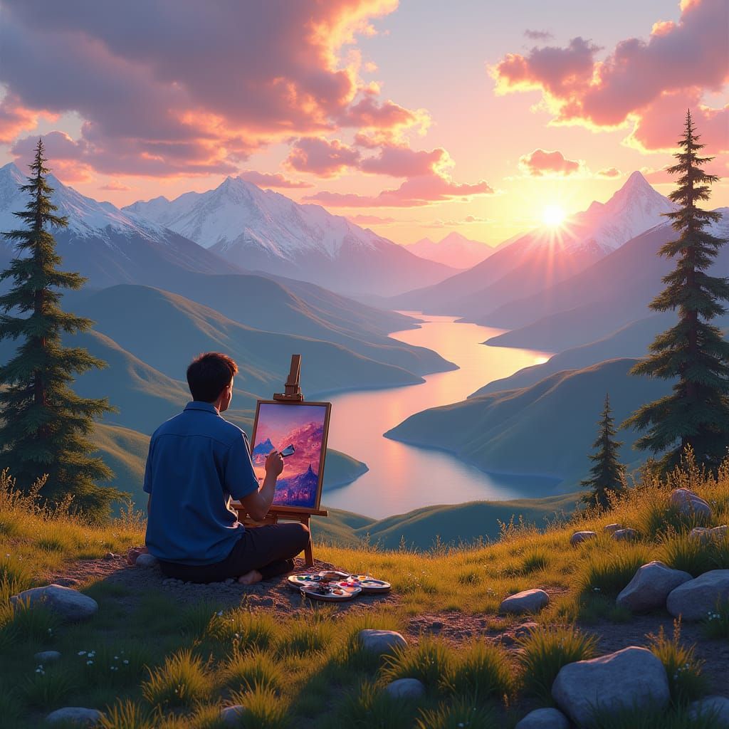 Artist Painting Breathtaking Landscape at Sunset
