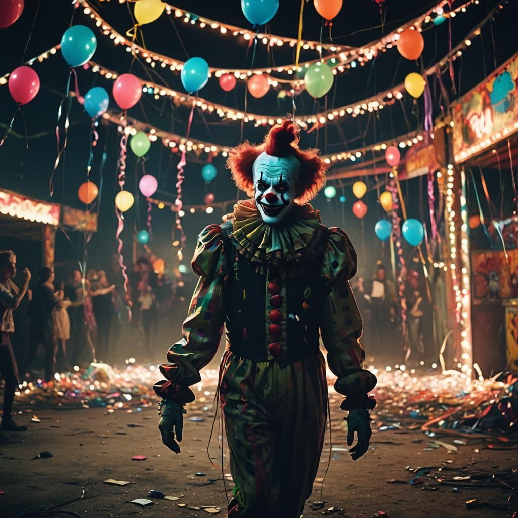 Menacing Clown in Abandoned Carnival at Night