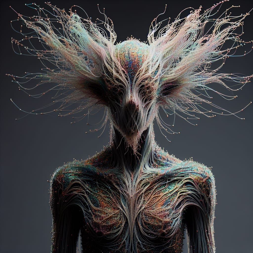 Iridescent Thread Humanoid in Cosmic Horror Style