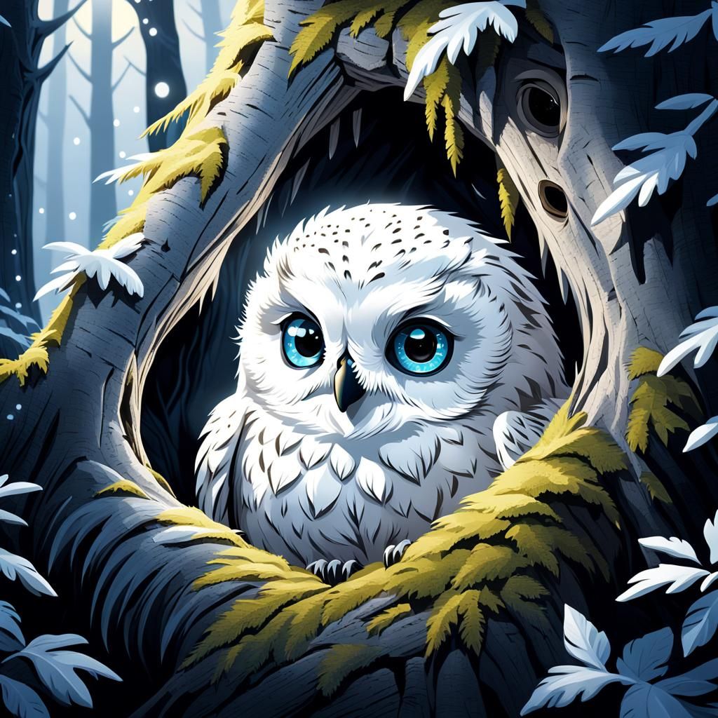 Whimsical Snowy Owl Chick Portrait in Moonlit Forest