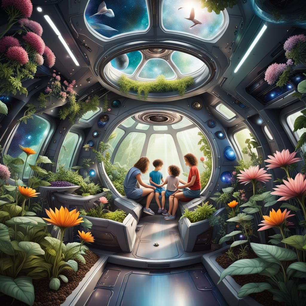 Family  playing  Inside of a spaceship, Arboretum, plants , flower, bird, leaves, flowers, hydroponic garden in space sh...
