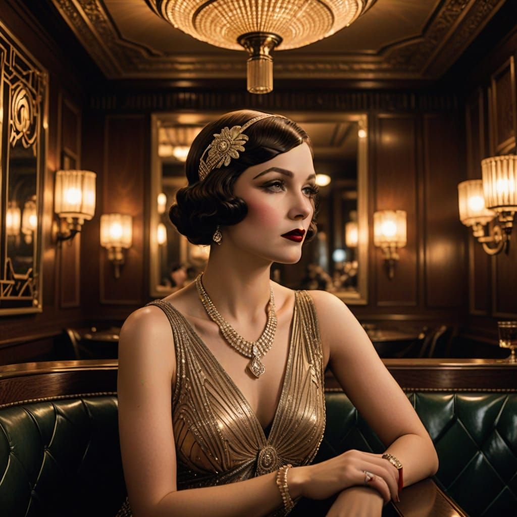 Flapper in Art Deco Speakeasy, Vintage Photograph