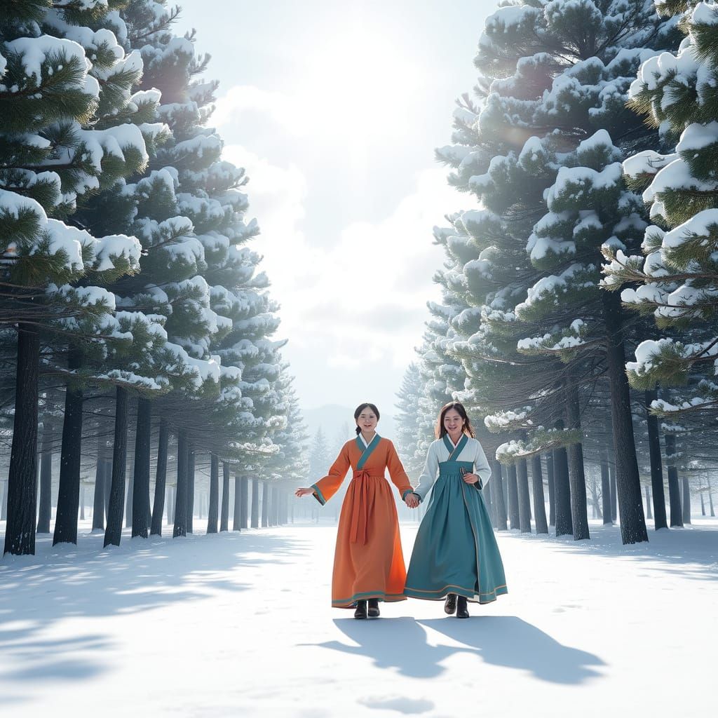 Serene Korean Couple Strolls Through Snowy Pine Forest