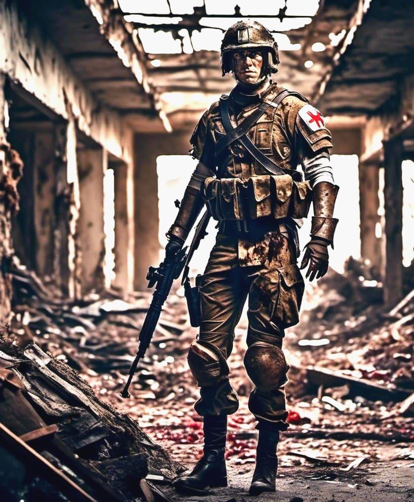 Navy Corpsman Amidst Ruins of Battle