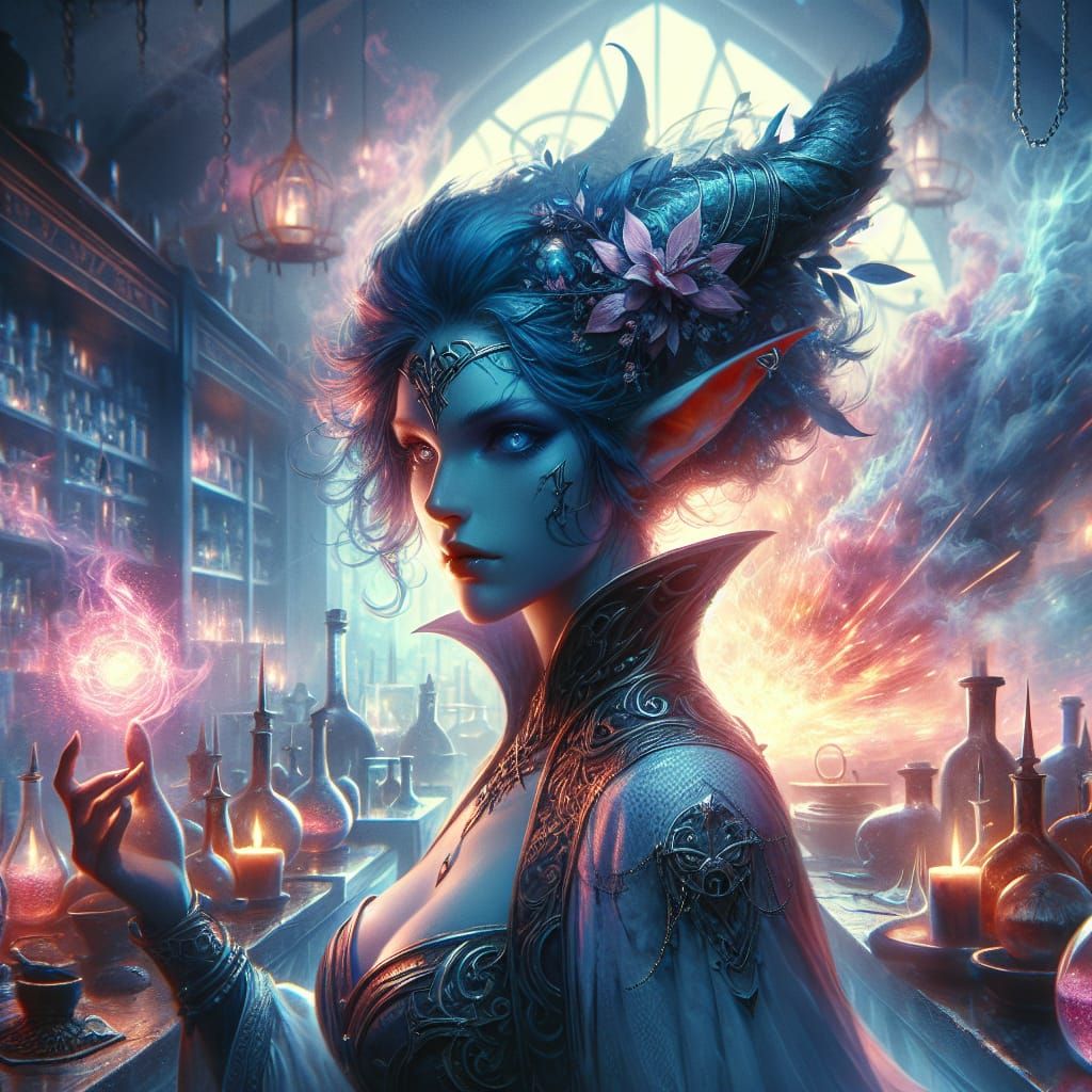 Tiefling Mage in Exploding Potion Shop