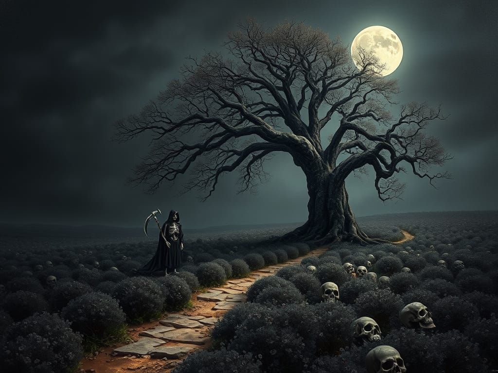 Gnarled Tree and Grim Reaper in Impasto Style