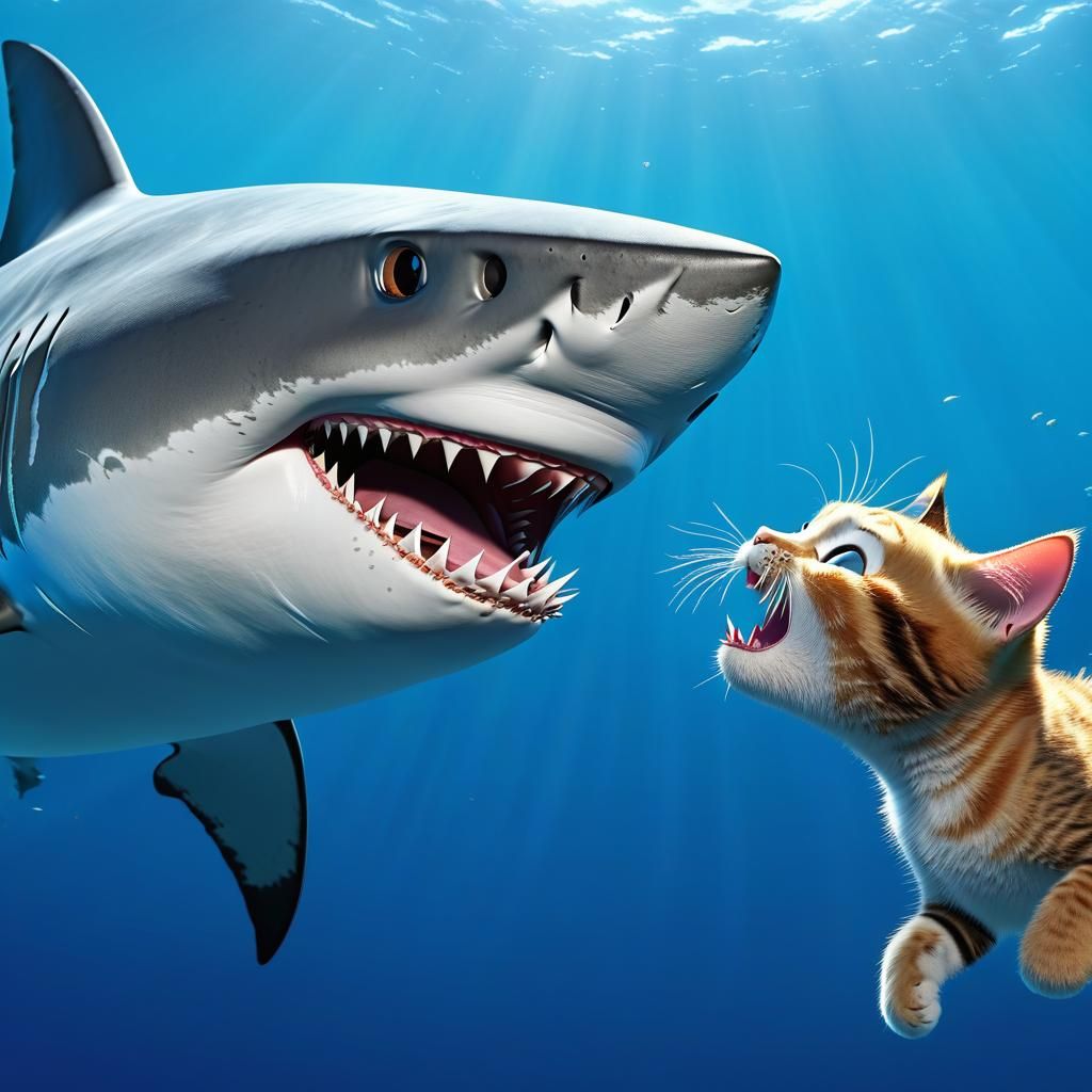 Cat Dad Rescues Kitten from Shark: 3D Cartoon