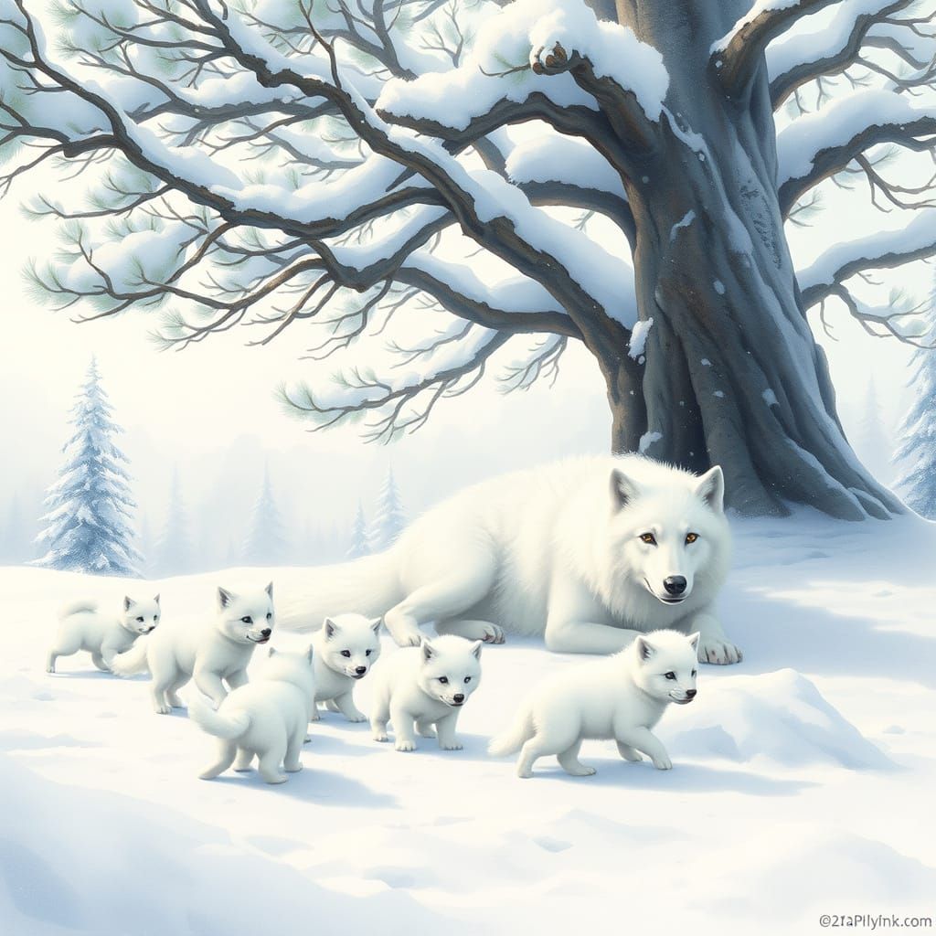 Winter Wonderland Direwolf Family Scene in Whimsical Waterco...