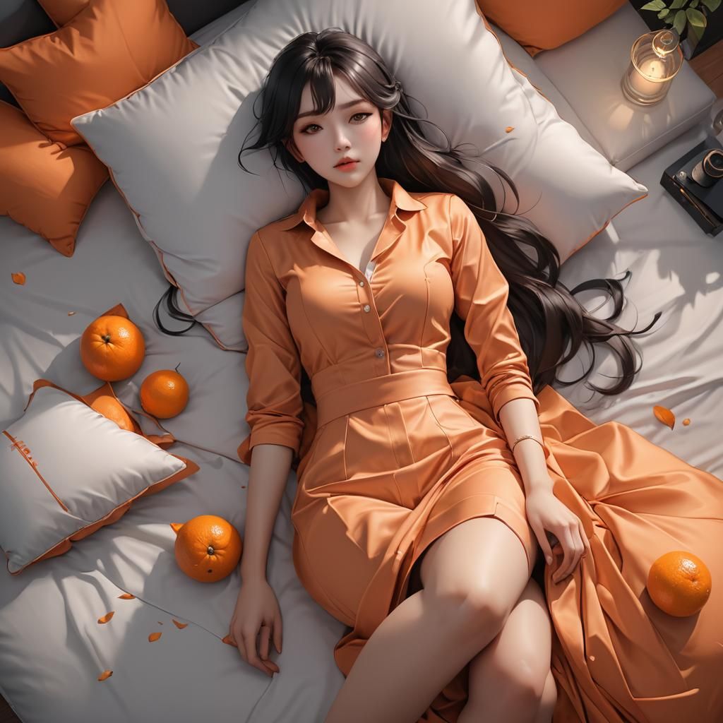 Anime Girl on Orange Pillow: Detailed 3D Art