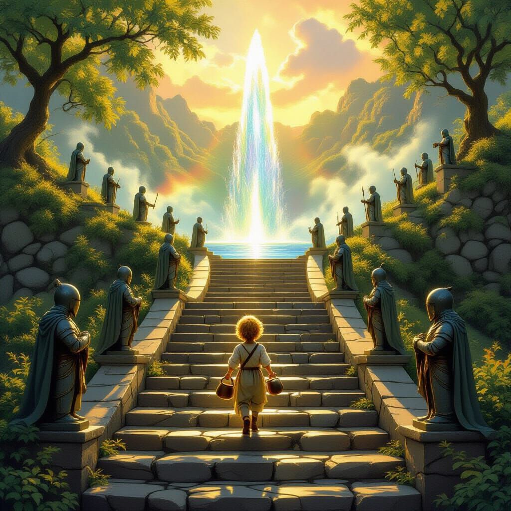 Fantasy Staircase to Rainbow Fountain with Enchanted Knights