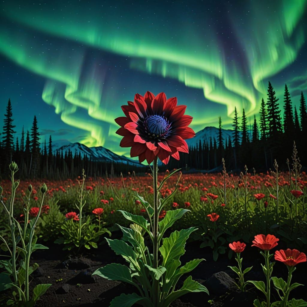 Giant Menacing Flower in Hell's Garden Under Aurora