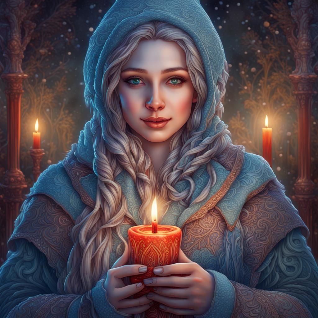 Smiling Daughter of Winter Holding Candle in 3D Fantasy Art