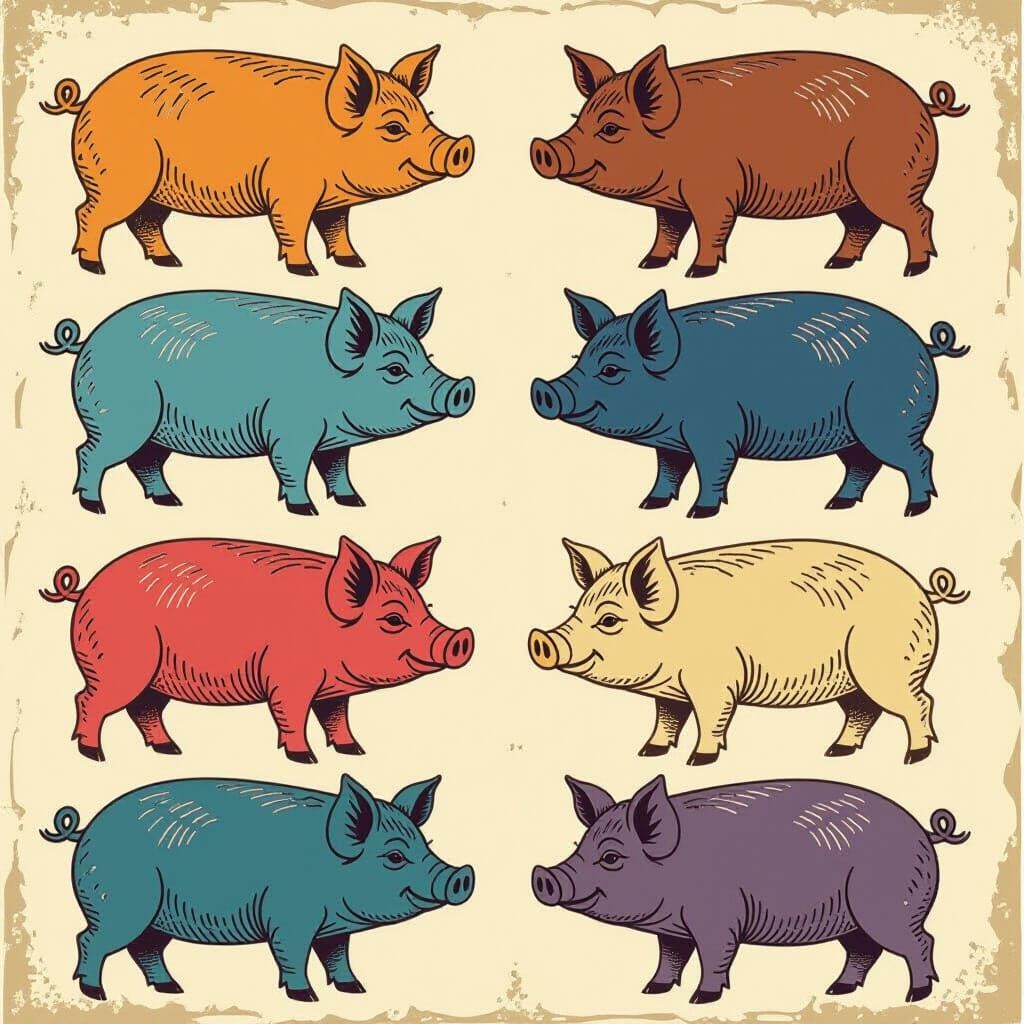 Escher-esque Print of Stylized Pigs in Alternating Direction...