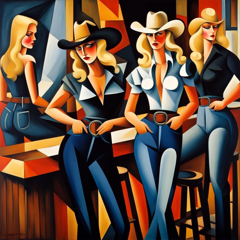 Women in Cowboy Attire at Saloon Bar in Cubist Style
