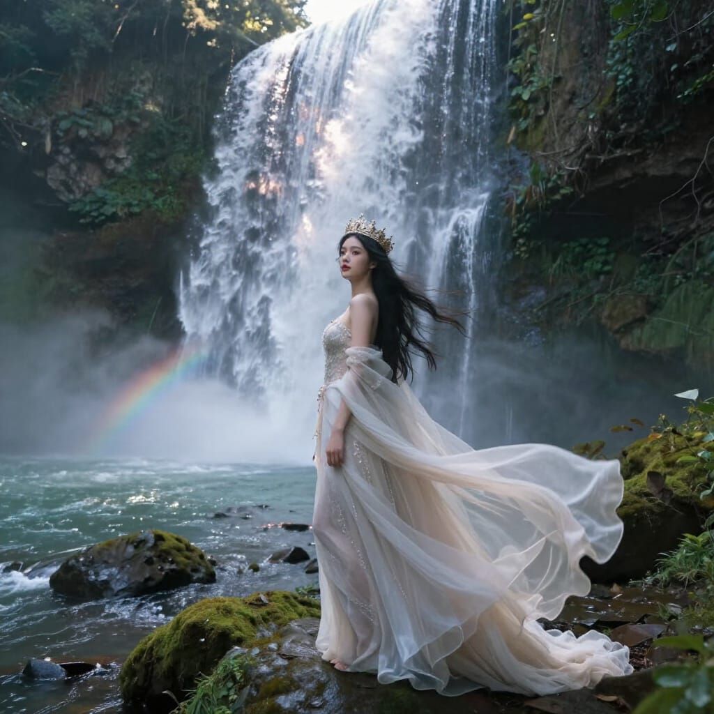Majestic Woman by Waterfall in Fantasy Concept Art Style
