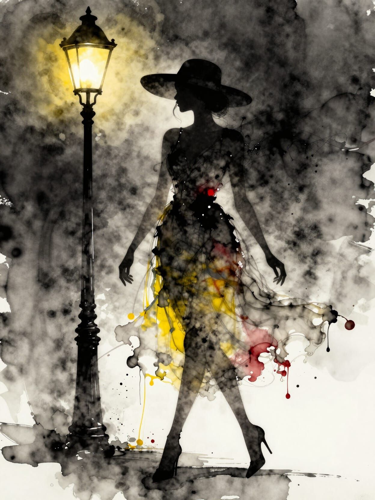Elegant Woman in Ink Splash Dress Under Street Lamp