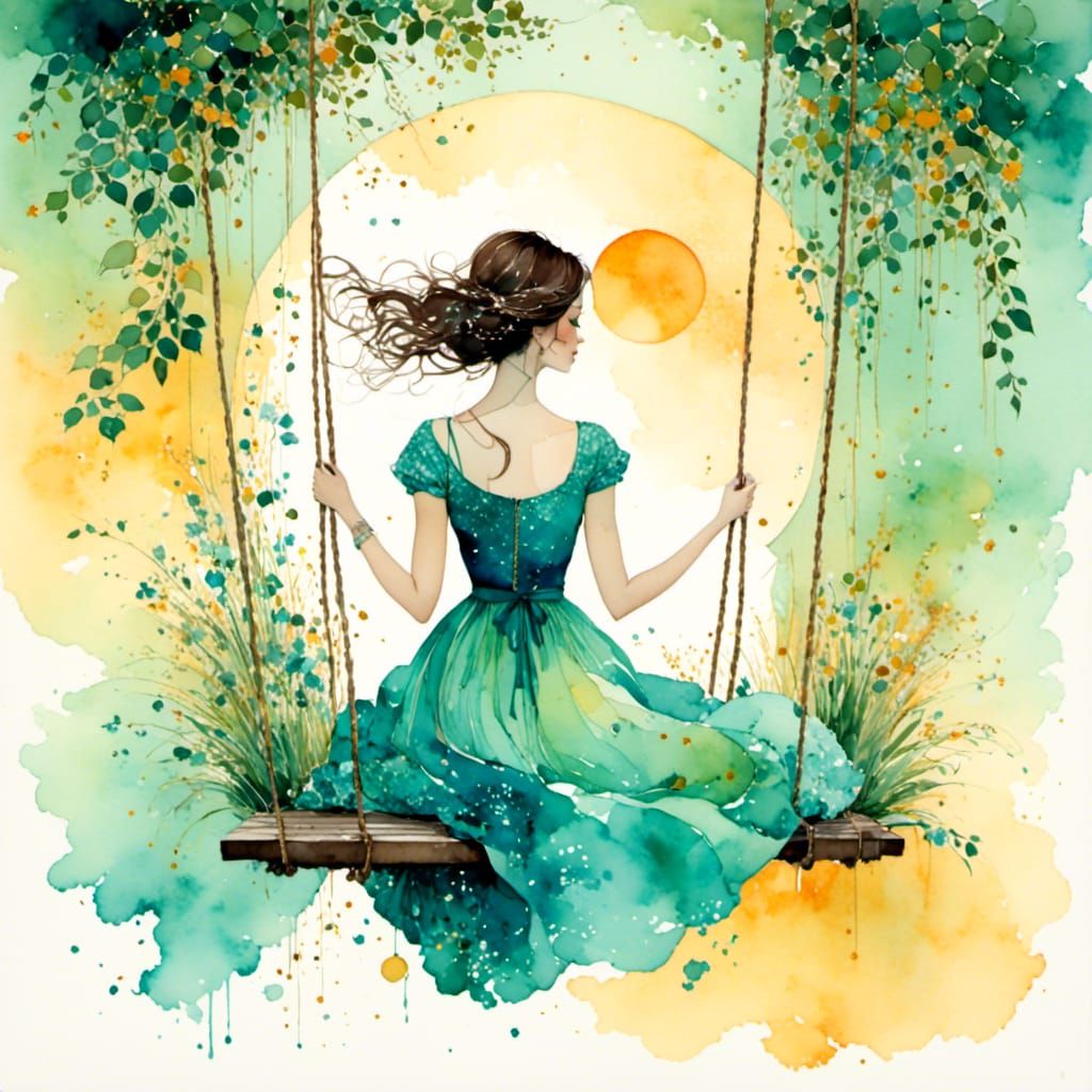 Woman on a Swing at Dawn in Watercolor Style