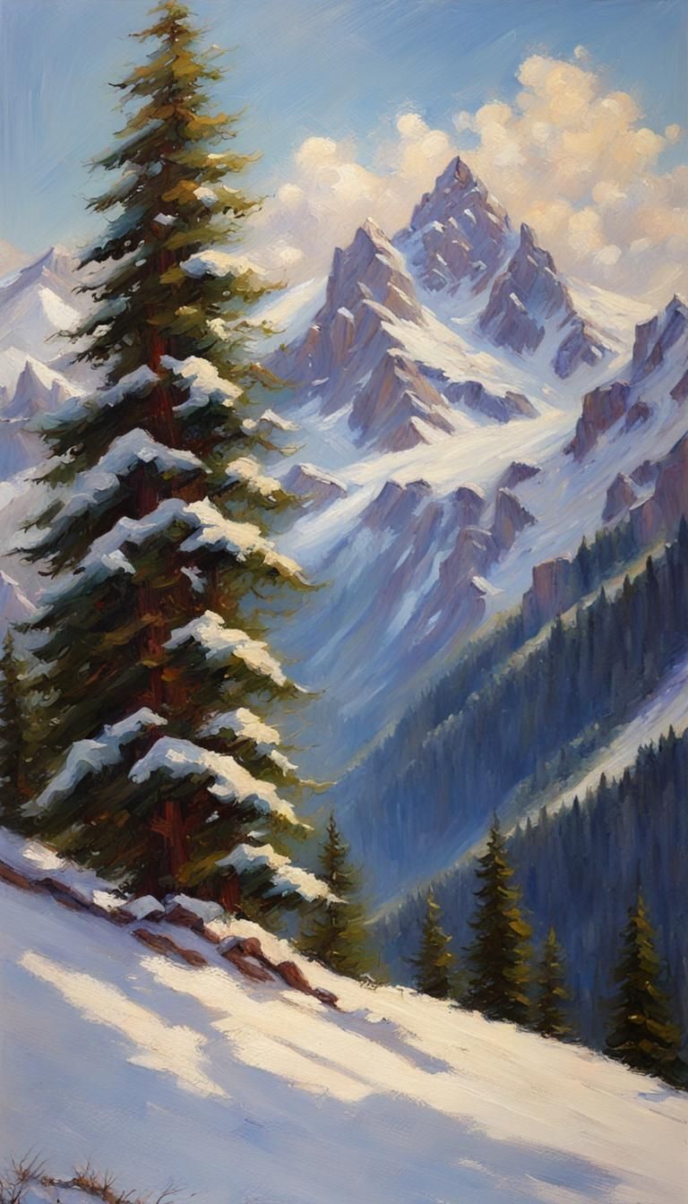 Swiss Alps Christmas Firs as Oil Painting