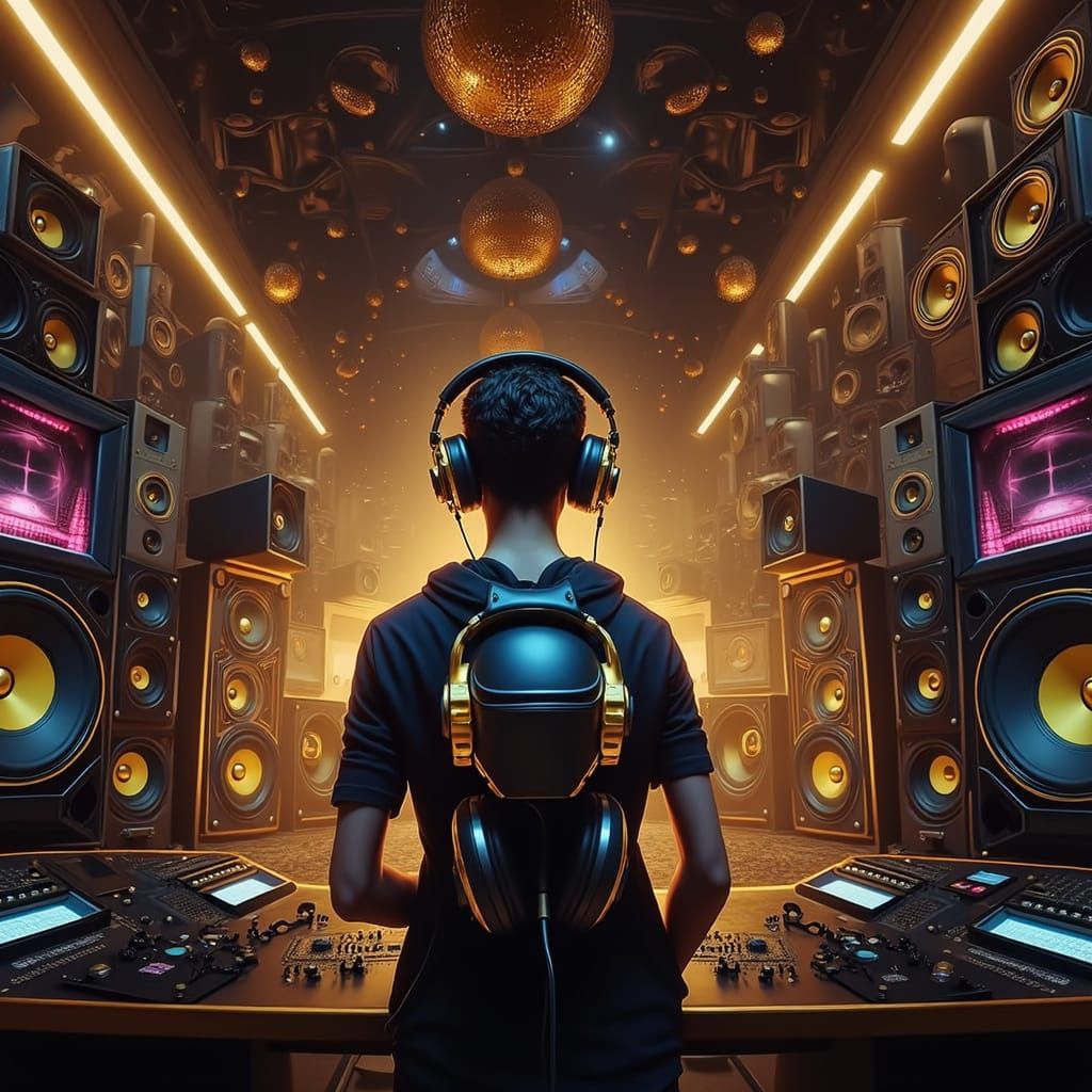 Black and Gold Headphones in Speaker Room: Digital Matte Pai...