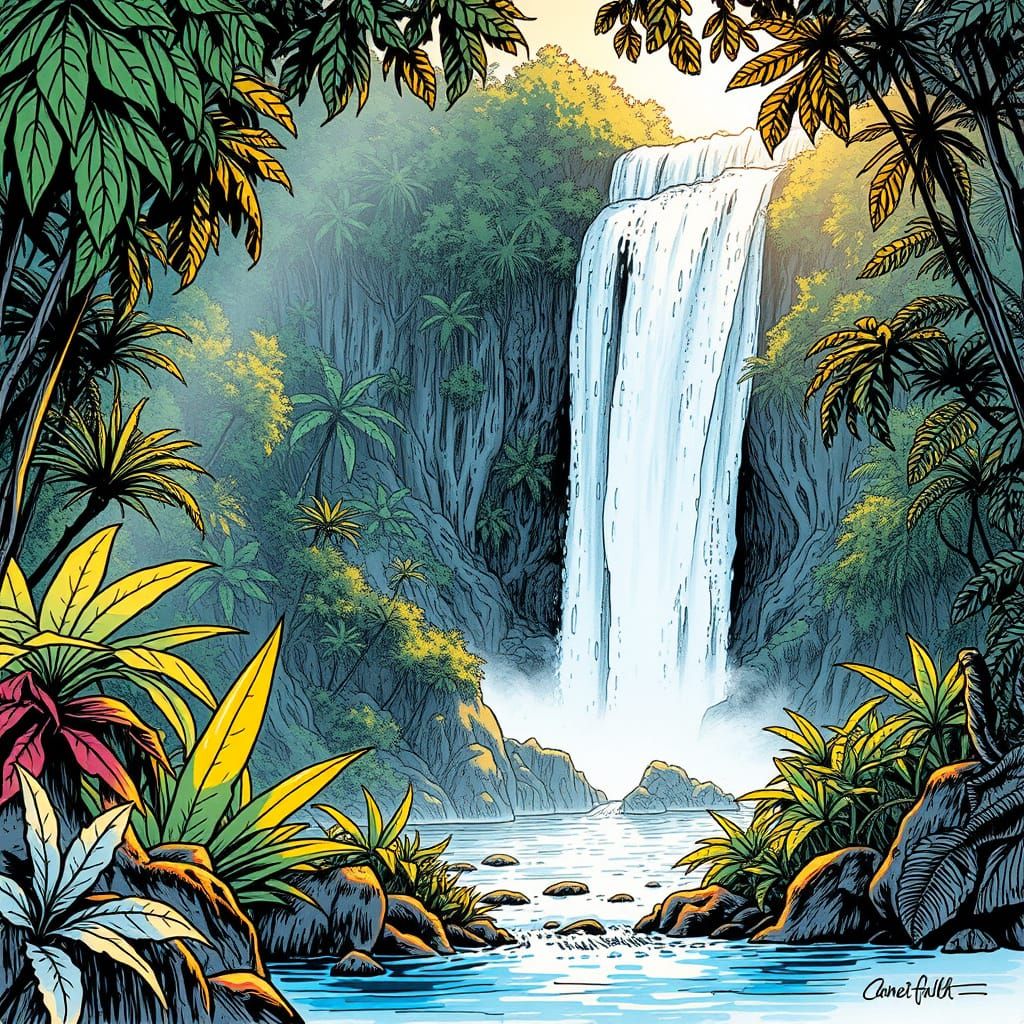 Victoria Falls Ink Drawing in Lush Jungle