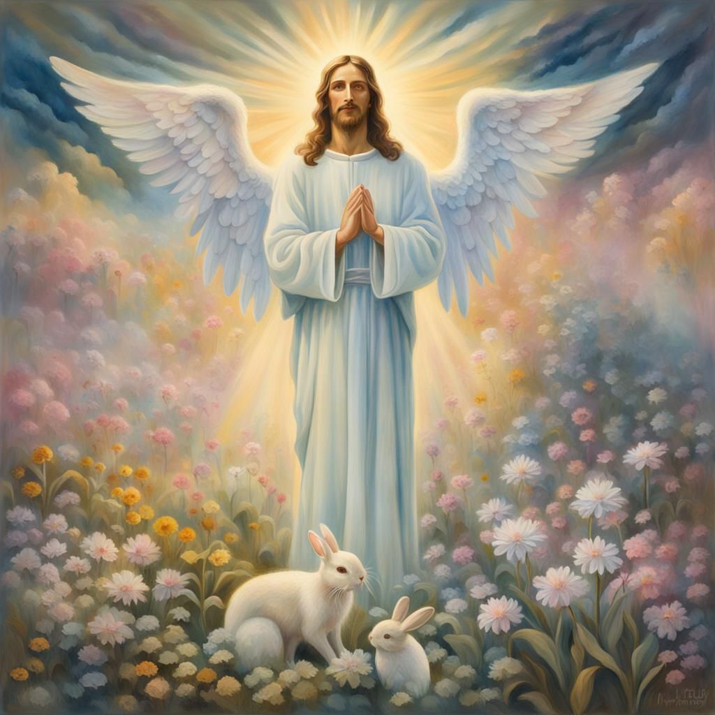 Surreal Jesus Christ as a Form Bunny Angel in Heavenly Garde...