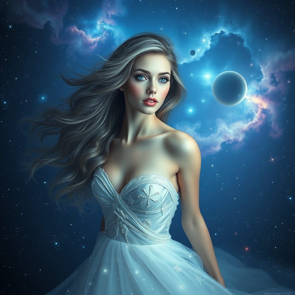 Cosmic Woman in Starlight Gown Floating in Nebula