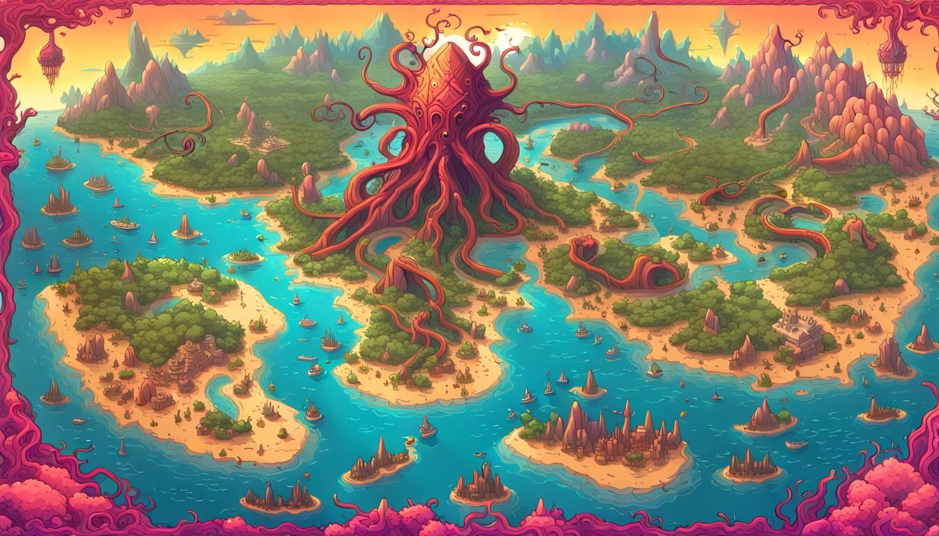 Stylized World Map with Kraken in Vivid Colors