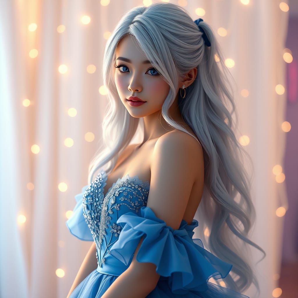 Anime Woman in Blue Dress with Silver Hair