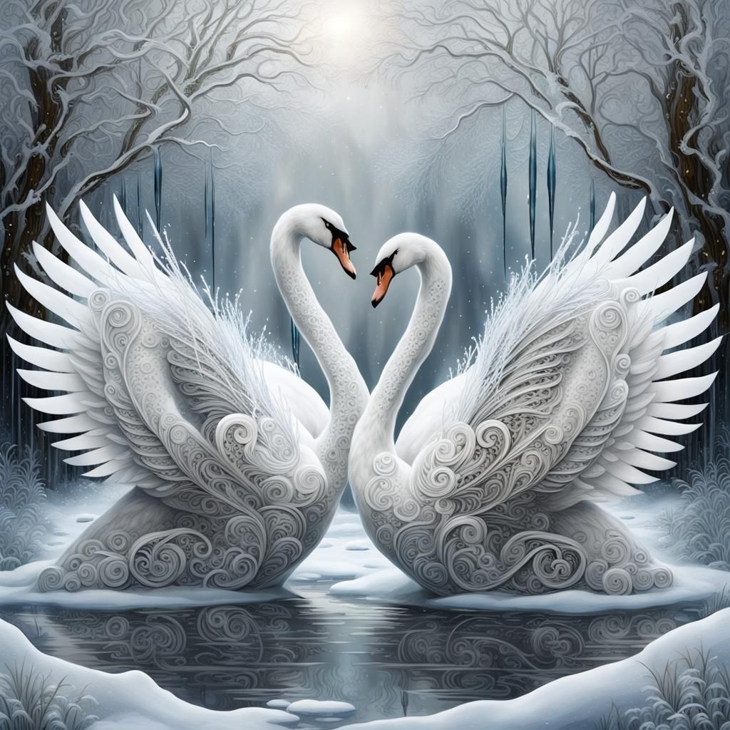 Icy Steampunk Swans in Enchanted Winter Forest