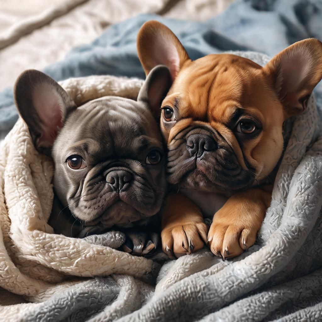 Snuggling French Bulldogs in Soft Watercolor Portrait