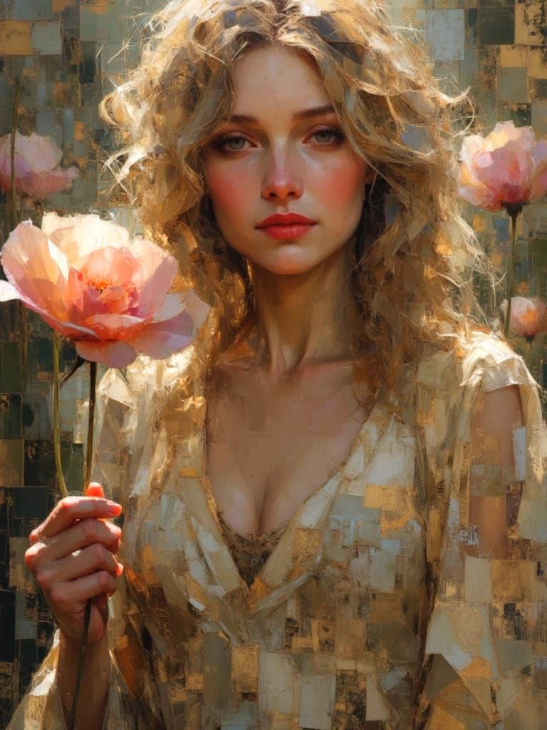 Ethereal Blonde with Wings Smelling a Rose