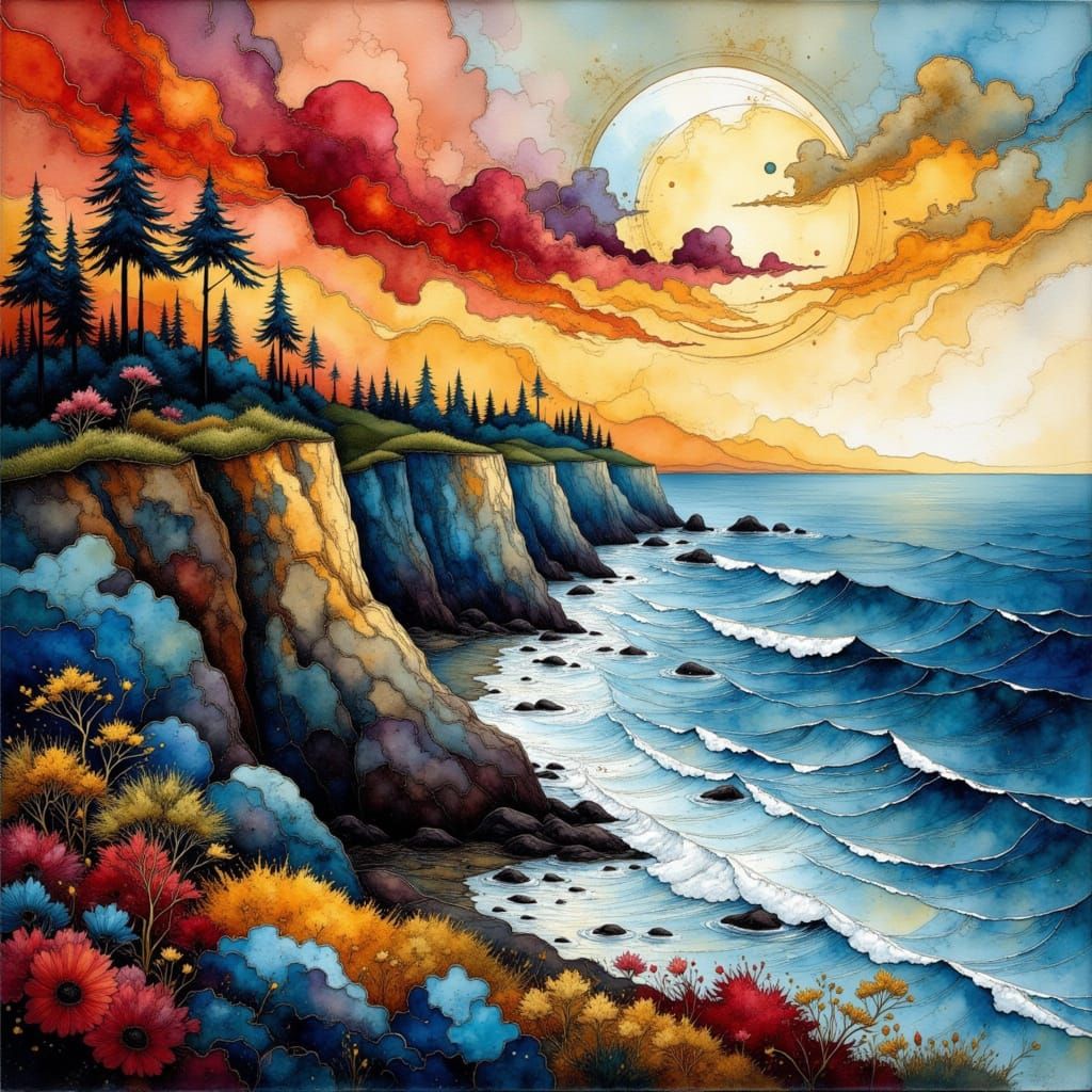 Stormy Coastal Cliff Landscape in Abstract Ink Style