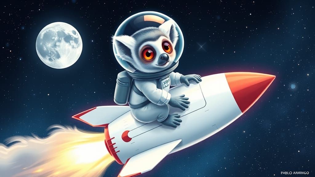 Lemur Astronaut on Rocket, Astral Cosmic Illustration